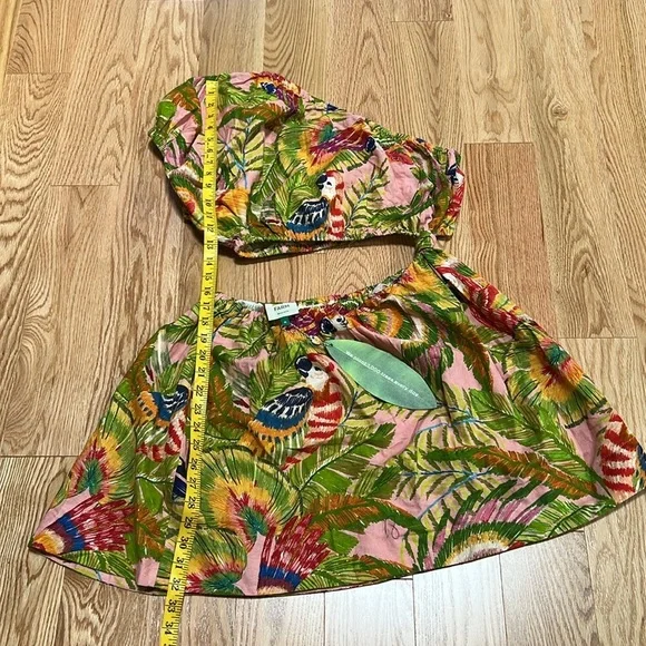New! Farm rio medium mackaw leaves one shoulder mini dress with pockets.